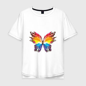 Мужская футболка хлопок Oversize с принтом бабочка краской в Кировске, 100% хлопок | свободный крой, круглый ворот, “спинка” длиннее передней части | бабочка | беспозвоночные | брызги | градиент | краска | красочная | крылья | лето | мотыльки и бабочки | насекомое | насекомые | радуга | ярко