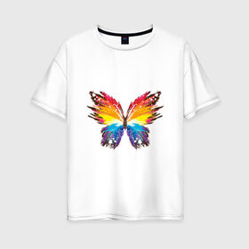 Женская футболка хлопок Oversize с принтом бабочка краской в Кировске, 100% хлопок | свободный крой, круглый ворот, спущенный рукав, длина до линии бедер
 | бабочка | беспозвоночные | брызги | градиент | краска | красочная | крылья | лето | мотыльки и бабочки | насекомое | насекомые | радуга | ярко