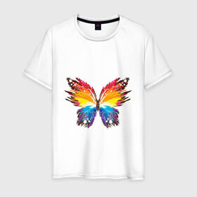 Мужская футболка хлопок с принтом бабочка краской в Кировске, 100% хлопок | прямой крой, круглый вырез горловины, длина до линии бедер, слегка спущенное плечо. | бабочка | беспозвоночные | брызги | градиент | краска | красочная | крылья | лето | мотыльки и бабочки | насекомое | насекомые | радуга | ярко