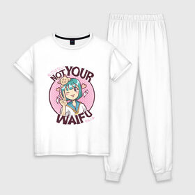 Женская пижама хлопок с принтом Anime Not Your Waifu в Кировске, 100% хлопок | брюки и футболка прямого кроя, без карманов, на брюках мягкая резинка на поясе и по низу штанин | art | japan | japanimation | kanji | kawaii | manga | анимешник | анимешника | арт | в стиле аниме | вайфу | иероглифы | кавайи | кавайная | кандзи | кот | котенок | котята | кошка | манга | не твоя | рисунок | символы | япони