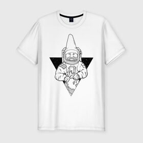 Мужская футболка хлопок Slim с принтом Gnome Chompski Astronaut в Кировске, 92% хлопок, 8% лайкра | приталенный силуэт, круглый вырез ворота, длина до линии бедра, короткий рукав | garden gnome | gnome alone | little rocket man | гном чомски | маленький космонавт | один гнома | садовый гном