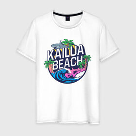 Мужская футболка хлопок с принтом Kailua beach в Кировске, 100% хлопок | прямой крой, круглый вырез горловины, длина до линии бедер, слегка спущенное плечо. | kailua beach | акула | закат | отдых | пальма | пляж