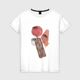 Женская футболка хлопок с принтом Маки в Кировске, 100% хлопок | прямой крой, круглый вырез горловины, длина до линии бедер, слегка спущенное плечо | акварель | коричневый | красный | маки | растения | сухоцветы | цветы
