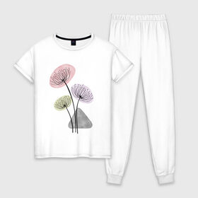 Женская пижама хлопок с принтом Одуванчики в Кировске, 100% хлопок | брюки и футболка прямого кроя, без карманов, на брюках мягкая резинка на поясе и по низу штанин | зонтики | лето | растения | серый. одуванчик | сиреневый | сухоцветы | цветы