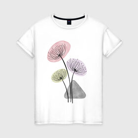 Женская футболка хлопок с принтом Одуванчики в Кировске, 100% хлопок | прямой крой, круглый вырез горловины, длина до линии бедер, слегка спущенное плечо | зонтики | лето | растения | серый. одуванчик | сиреневый | сухоцветы | цветы