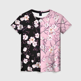 Женская футболка 3D с принтом САКУРА | SAKURA | ВИШНЯ в Кировске, 100% полиэфир ( синтетическое хлопкоподобное полотно) | прямой крой, круглый вырез горловины, длина до линии бедер | chery | flowers | japan | roses | sakura | вишня | растения | розы | ромашка | сакура | тюльпаны | цветы | цветы сакуры | япония
