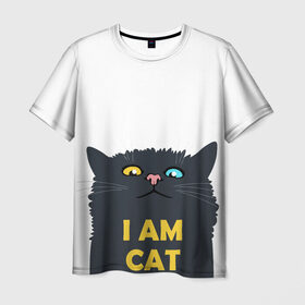 Мужская футболка 3D с принтом I AM CAT в Кировске, 100% полиэфир | прямой крой, круглый вырез горловины, длина до линии бедер | Тематика изображения на принте: animal | cat | i am cat | meow | животное | зверь | кот | кошка | мяу