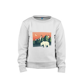 Детский свитшот хлопок с принтом Белый медведь пейзаж с горами в Кировске, 100% хлопок | круглый вырез горловины, эластичные манжеты, пояс и воротник | landscape | moon | mountain | mountains | north pole | polar | polar bear | russian bear | антарктида | антарктика | арктика | горы | дикая природа | лес | луна | медвежонок | мишка | полярный медведь | природа | русский медведь