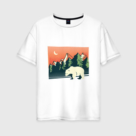 Женская футболка хлопок Oversize с принтом Белый медведь пейзаж с горами в Кировске, 100% хлопок | свободный крой, круглый ворот, спущенный рукав, длина до линии бедер
 | landscape | moon | mountain | mountains | north pole | polar | polar bear | russian bear | антарктида | антарктика | арктика | горы | дикая природа | лес | луна | медвежонок | мишка | полярный медведь | природа | русский медведь