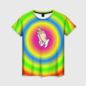 Женская футболка 3D с принтом bright print в Кировске, 100% полиэфир ( синтетическое хлопкоподобное полотно) | прямой крой, круглый вырез горловины, длина до линии бедер | bright | молитва | радуга | руки | хиппи