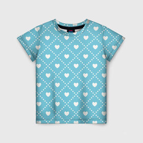 Детская футболка 3D с принтом Белые сердечки на голубом фоне в Кировске, 100% гипоаллергенный полиэфир | прямой крой, круглый вырез горловины, длина до линии бедер, чуть спущенное плечо, ткань немного тянется | белый | квадраты | многоугольники. точки | ромбы | сердце | узор | фон