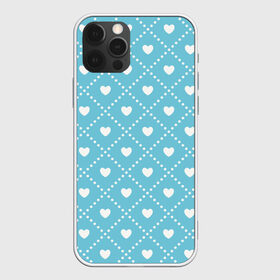 Чехол для iPhone 12 Pro Max с принтом Белые сердечки на голубом фоне в Кировске, Силикон |  | белый | квадраты | многоугольники. точки | ромбы | сердце | узор | фон