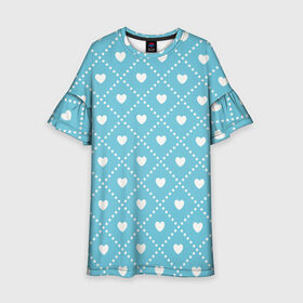 Детское платье 3D с принтом Белые сердечки на голубом фоне в Кировске, 100% полиэстер | прямой силуэт, чуть расширенный к низу. Круглая горловина, на рукавах — воланы | белый | квадраты | многоугольники. точки | ромбы | сердце | узор | фон