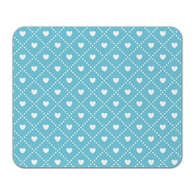 Коврик для мышки прямоугольный с принтом Белые сердечки на голубом фоне в Кировске, натуральный каучук | размер 230 х 185 мм; запечатка лицевой стороны | белый | квадраты | многоугольники. точки | ромбы | сердце | узор | фон