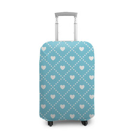 Чехол для чемодана 3D с принтом Белые сердечки на голубом фоне в Кировске, 86% полиэфир, 14% спандекс | двустороннее нанесение принта, прорези для ручек и колес | белый | квадраты | многоугольники. точки | ромбы | сердце | узор | фон