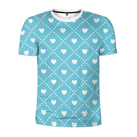 Мужская футболка 3D спортивная с принтом Белые сердечки на голубом фоне в Кировске, 100% полиэстер с улучшенными характеристиками | приталенный силуэт, круглая горловина, широкие плечи, сужается к линии бедра | белый | квадраты | многоугольники. точки | ромбы | сердце | узор | фон