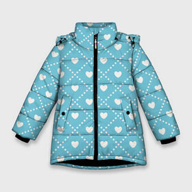 Зимняя куртка для девочек 3D с принтом Белые сердечки на голубом фоне в Кировске, ткань верха — 100% полиэстер; подклад — 100% полиэстер, утеплитель — 100% полиэстер. | длина ниже бедра, удлиненная спинка, воротник стойка и отстегивающийся капюшон. Есть боковые карманы с листочкой на кнопках, утяжки по низу изделия и внутренний карман на молнии. 

Предусмотрены светоотражающий принт на спинке, радужный светоотражающий элемент на пуллере молнии и на резинке для утяжки. | белый | квадраты | многоугольники. точки | ромбы | сердце | узор | фон