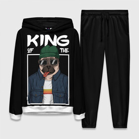 Женский костюм 3D (с толстовкой) с принтом King Street в Кировске,  |  | animal | art | brutal | dog | illustration | king | of | pug | street | the | арт | брутальный | бульдог | в | животное | зверь | король | надпись | одежде | очках | пёс | рамка | собака | текст | улиц | улицы | уличный | шапке