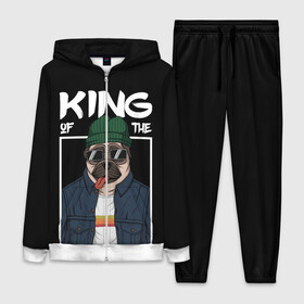 Женский костюм 3D с принтом King Street в Кировске,  |  | animal | art | brutal | dog | illustration | king | of | pug | street | the | арт | брутальный | бульдог | в | животное | зверь | король | надпись | одежде | очках | пёс | рамка | собака | текст | улиц | улицы | уличный | шапке