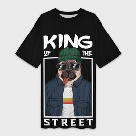 Платье-футболка 3D с принтом King Street в Кировске,  |  | animal | art | brutal | dog | illustration | king | of | pug | street | the | арт | брутальный | бульдог | в | животное | зверь | король | надпись | одежде | очках | пёс | рамка | собака | текст | улиц | улицы | уличный | шапке