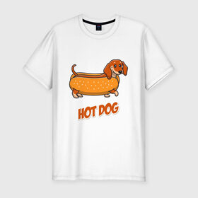 Мужская футболка хлопок Slim с принтом Hot Dog в Кировске, 92% хлопок, 8% лайкра | приталенный силуэт, круглый вырез ворота, длина до линии бедра, короткий рукав | dog | fast food | hot dog | булка | собака