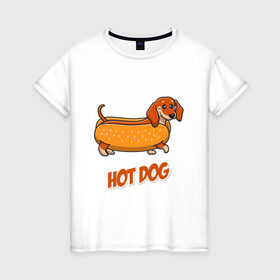 Женская футболка хлопок с принтом Hot Dog в Кировске, 100% хлопок | прямой крой, круглый вырез горловины, длина до линии бедер, слегка спущенное плечо | dog | fast food | hot dog | булка | собака