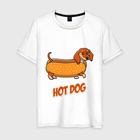 Мужская футболка хлопок с принтом Hot Dog в Кировске, 100% хлопок | прямой крой, круглый вырез горловины, длина до линии бедер, слегка спущенное плечо. | dog | fast food | hot dog | булка | собака