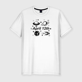 Мужская футболка хлопок Slim с принтом 12 апреля - День Космонавтики в Кировске, 92% хлопок, 8% лайкра | приталенный силуэт, круглый вырез ворота, длина до линии бедра, короткий рукав | 12 апреля | астероид | космонавтика | космос | летающая тарелка | планета | ракета | сатурн