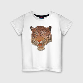 Детская футболка хлопок с принтом Голова тигра в Кировске, 100% хлопок | круглый вырез горловины, полуприлегающий силуэт, длина до линии бедер | голова тигра | животное | клыки | крупные кошки | пасть | тигр | хищник