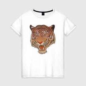 Женская футболка хлопок с принтом Голова тигра в Кировске, 100% хлопок | прямой крой, круглый вырез горловины, длина до линии бедер, слегка спущенное плечо | голова тигра | животное | клыки | крупные кошки | пасть | тигр | хищник