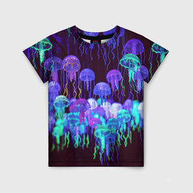 Детская футболка 3D с принтом Неоновые медузы в Кировске, 100% гипоаллергенный полиэфир | прямой крой, круглый вырез горловины, длина до линии бедер, чуть спущенное плечо, ткань немного тянется | вода | животные | медузы | неон | неоновые