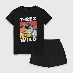 Женская пижама с шортиками хлопок с принтом T-rex wild в Кировске, 100% хлопок | футболка прямого кроя, шорты свободные с широкой мягкой резинкой | dino | t rex | wild | дино | динозавр | закат | зверь | хищник