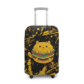 Чехол для чемодана 3D с принтом Котобургер в Кировске, 86% полиэфир, 14% спандекс | двустороннее нанесение принта, прорези для ручек и колес | брызги | булка | бургер кот | буттерброд | гамбургер | желтый | котенок | котик | котобургер | краски | оранжевый | сендвич | фаст фуд | чизбургер
