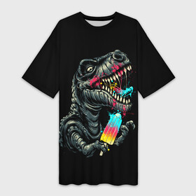 Платье-футболка 3D с принтом T REX ЕСТ МОРОЖЕНОЕ в Кировске,  |  | dino | dinosauria | t rex | ti rex | дино | динозавр | парк юрского | т рекс | ти рекс | чудовище | юрский период | ящер | ящерица