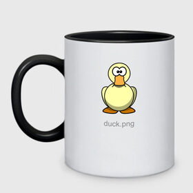 Кружка двухцветная с принтом Жёлтая утка PNG | duck.png в Кировске, керамика | объем — 330 мл, диаметр — 80 мм. Цветная ручка и кайма сверху, в некоторых цветах — вся внутренняя часть | Тематика изображения на принте: duck | png | transparent | жёлтая | мультяшка | пнг | прозрачный | рисунок | смешной | утка | файл