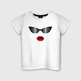 Детская футболка хлопок с принтом Черные очки с красными губами в Кировске, 100% хлопок | круглый вырез горловины, полуприлегающий силуэт, длина до линии бедер | for stylish | gradient | kiss | lipstick | plump lips | red lips | градиент | для стильных | красные губы | модные очки | помада | поцелуй | пухлые губы | черные очки