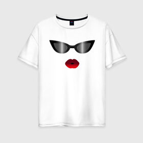 Женская футболка хлопок Oversize с принтом Черные очки с красными губами в Кировске, 100% хлопок | свободный крой, круглый ворот, спущенный рукав, длина до линии бедер
 | for stylish | gradient | kiss | lipstick | plump lips | red lips | градиент | для стильных | красные губы | модные очки | помада | поцелуй | пухлые губы | черные очки