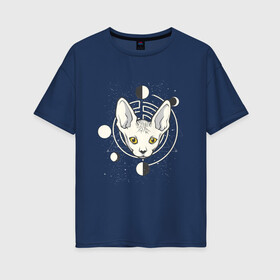 Женская футболка хлопок Oversize с принтом Космический кот сфинкс в Кировске, 100% хлопок | свободный крой, круглый ворот, спущенный рукав, длина до линии бедер
 | earth | fruit | galaxy | geometry | mars | moon | planet | satellite | saturn | space | sphynx cat | sputnik | галактика | геометрия | звезды | земля | космос | луна | марс | планеты | половина яблока | саттелит | сатурн | созвездия | спутник