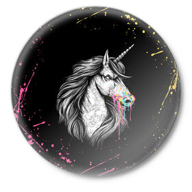 Значок с принтом ЕДИНОРОГ | UNICORN RAINBOW в Кировске,  металл | круглая форма, металлическая застежка в виде булавки | Тематика изображения на принте: abstraction | color | colors | dab | geometry | hexagon | paints | pony | rainbow | unicornis dab | абстракция | брызги | геометрия | даб | единорог | единорог радуга | животные | краски | красочные | ляпистые | неон | неоновый | пони | радуга |