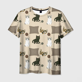 Мужская футболка 3D с принтом Игривые котята в Кировске, 100% полиэфир | прямой крой, круглый вырез горловины, длина до линии бедер | клубок | кот | котёнок | котята | кошка | нитки | подушка | уют