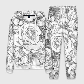 Мужской костюм 3D с принтом Тату цветы в Кировске, 100% полиэстер | Манжеты и пояс оформлены тканевой резинкой, двухслойный капюшон со шнурком для регулировки, карманы спереди | белый | лилия | подсолнух | роза | тату | цветы | черный