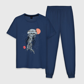 Мужская пижама хлопок с принтом Космическая медуза в Кировске, 100% хлопок | брюки и футболка прямого кроя, без карманов, на брюках мягкая резинка на поясе и по низу штанин
 | Тематика изображения на принте: art | elon musk | jellyfish | mars | medusa | meduza | moon | nasa | space | spacex | арт | астероид | в космосе | желе | иллюстрация | илон маск | космический дизайн | космос | луна | марс | медузник | на луне | наса | нло | сатурн | спей