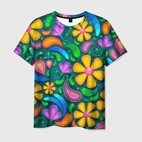 Мужская футболка 3D с принтом ЯРКИЕ ЦВЕТЫ в Кировске, 100% полиэфир | прямой крой, круглый вырез горловины, длина до линии бедер | flower | neon | букет | васильки | вввесна | ландыши | лепестки | лето | пестрый | природа | ромашки | текстуры орнамент | цветы | яркие