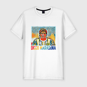 Мужская футболка хлопок Slim с принтом Diego Maradona в Кировске, 92% хлопок, 8% лайкра | приталенный силуэт, круглый вырез ворота, длина до линии бедра, короткий рукав | argentina | football | maradona | messi | аргентина | гол | диего | марадона | месси | мяч | рука бога | спорт | футбол | чемпион