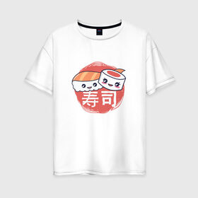 Женская футболка хлопок Oversize с принтом Кусочки суши и роллов в Кировске, 100% хлопок | свободный крой, круглый ворот, спущенный рукав, длина до линии бедер
 | cute | japan | japanese | kanji | kawaii | rolls | sushi | иероглифы | кавайи | кавайные суши | кандзи | культура | любитель суши | милота | милые суши | нигири | ролл | роллы | сашими | суси | фаст фуд | фастфуд | хирагана