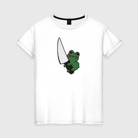 Женская футболка хлопок с принтом Злая лягушка в Кировске, 100% хлопок | прямой крой, круглый вырез горловины, длина до линии бедер, слегка спущенное плечо | green. | зелёный | лягушка | лягушонок | ножик