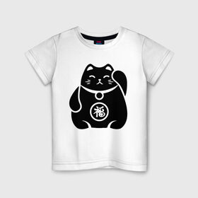 Детская футболка хлопок с принтом Манэки-нэко жирный в Кировске, 100% хлопок | круглый вырез горловины, полуприлегающий силуэт, длина до линии бедер | животное | зверь | кот | кот качает лапой | кошка | манэки нэко | чёрно белый рисунок