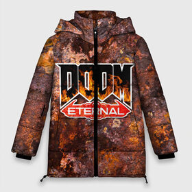 Женская зимняя куртка Oversize с принтом DOOM Eternal (логотип) в Кировске, верх — 100% полиэстер; подкладка — 100% полиэстер; утеплитель — 100% полиэстер | длина ниже бедра, силуэт Оверсайз. Есть воротник-стойка, отстегивающийся капюшон и ветрозащитная планка. 

Боковые карманы с листочкой на кнопках и внутренний карман на молнии | doom | doom eternal | дум | игра | логотип | шутер