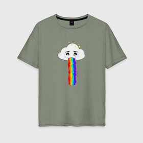 Женская футболка хлопок Oversize с принтом ОБЛАКО РАДУГА в Кировске, 100% хлопок | свободный крой, круглый ворот, спущенный рукав, длина до линии бедер
 | cloud | rainbow | би | блюющее облако | летний | мем | мультяшный | радуга | разноцветный | юмор | яркий