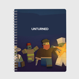 Тетрадь с принтом Unturned в Кировске, 100% бумага | 48 листов, плотность листов — 60 г/м2, плотность картонной обложки — 250 г/м2. Листы скреплены сбоку удобной пружинной спиралью. Уголки страниц и обложки скругленные. Цвет линий — светло-серый
 | survival | unturned | zombie | антюрнд | антюрнед | выживание | игра про зомби | стим